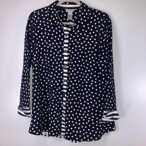 Multiples Women S Black White Polka Dot Stripe Button Up Tunic Dressy Pockets